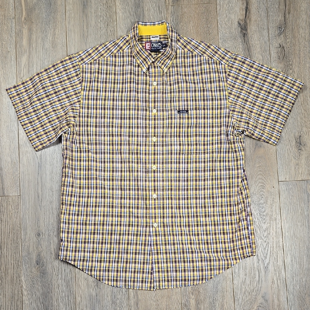 Chaps Yellow & Blue Plaid Short Sleeve Button Down Shirt, Size Large